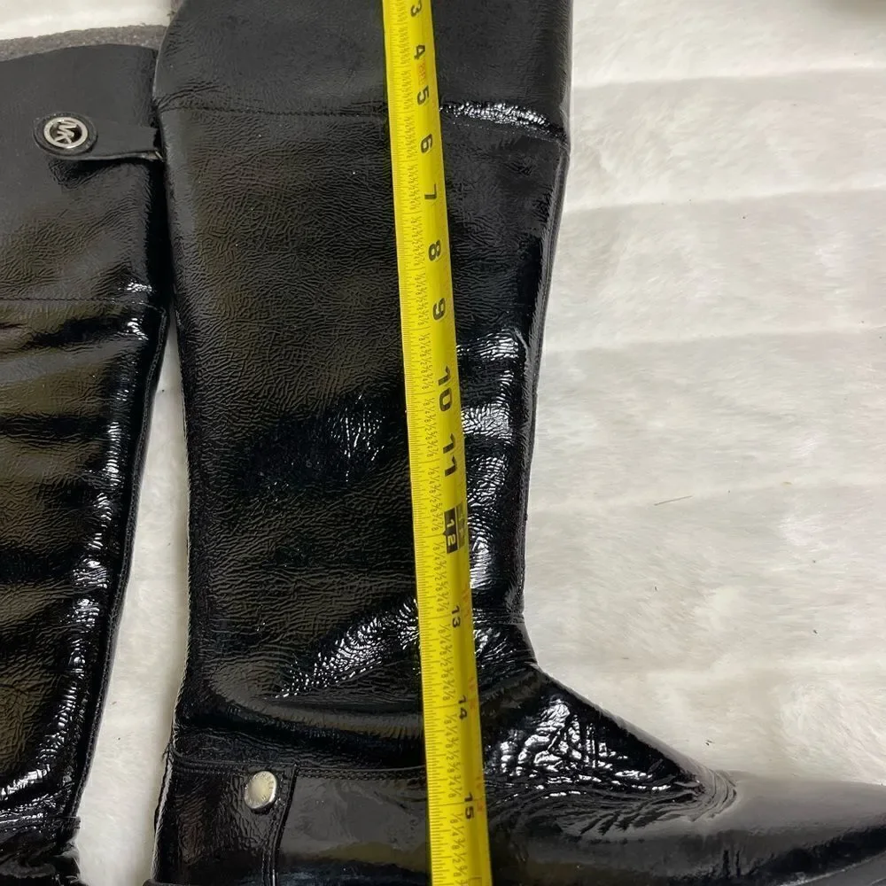 Michael Kors patent leather black knee high boots back zipper logo accent SZ7.5